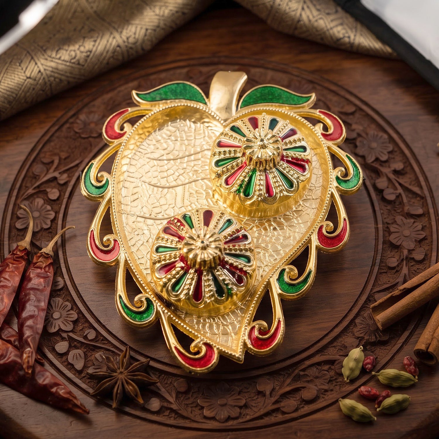 Leaf Shape Golden Kankavati Kumkum Holder with Enamel Lids (1 Pc)