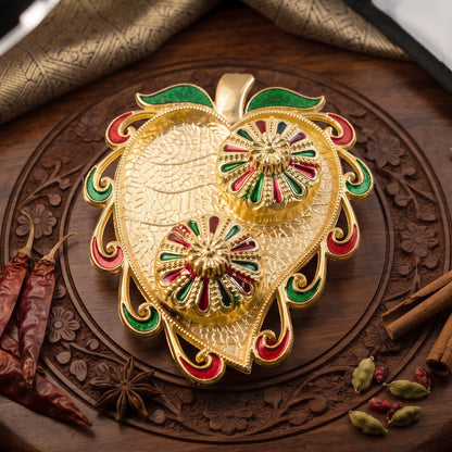Leaf Shape Golden Kankavati Kumkum Holder with Enamel Lids (1 Pc)