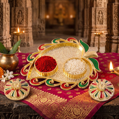 Leaf Shape Golden Kankavati Kumkum Holder with Enamel Lids (1 Pc)