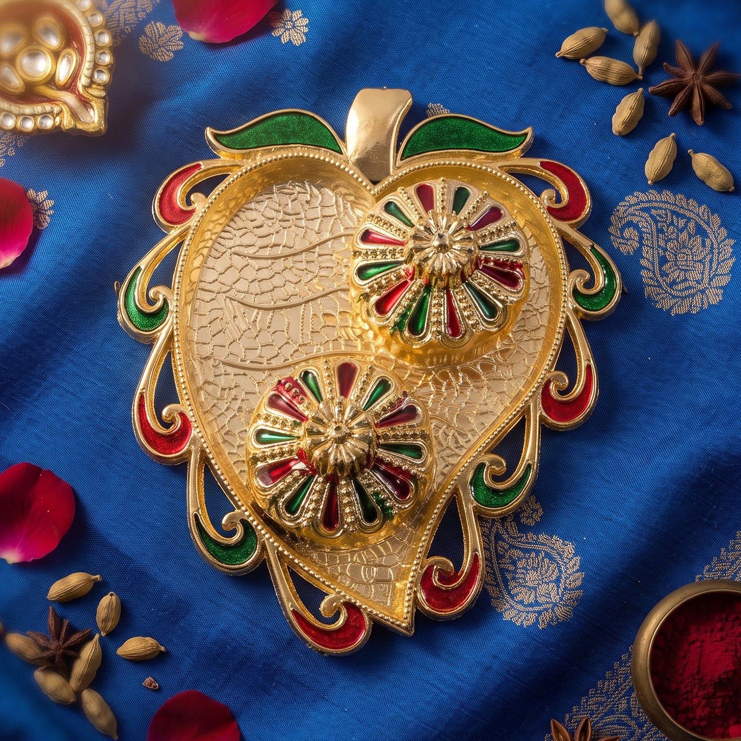 Leaf Shape Golden Kankavati Kumkum Holder with Enamel Lids (1 Pc)