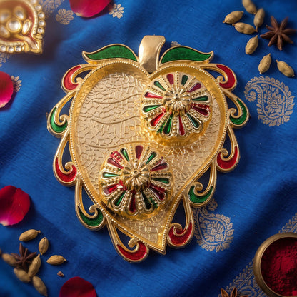 Leaf Shape Golden Kankavati Kumkum Holder with Enamel Lids (1 Pc)