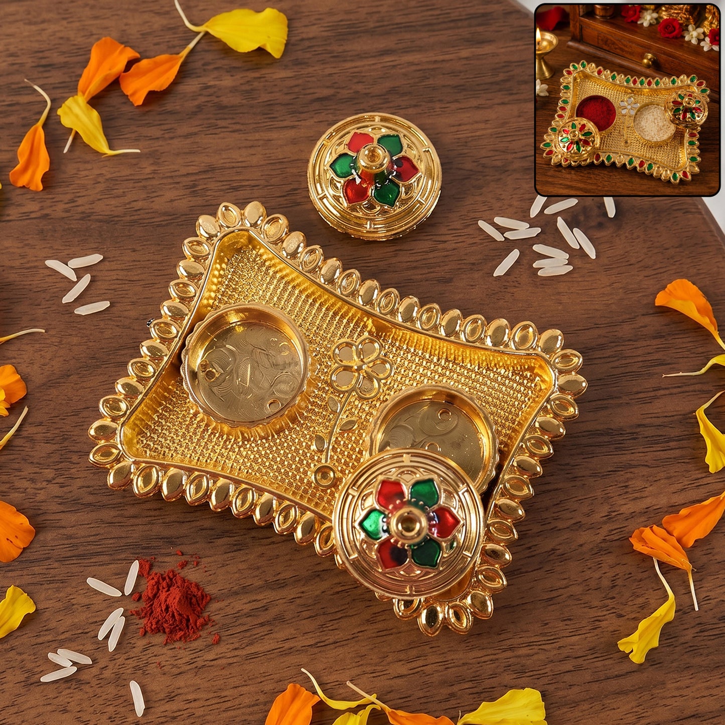 Beautifully crafted religious kumkum holder with colorful meenakari detailing