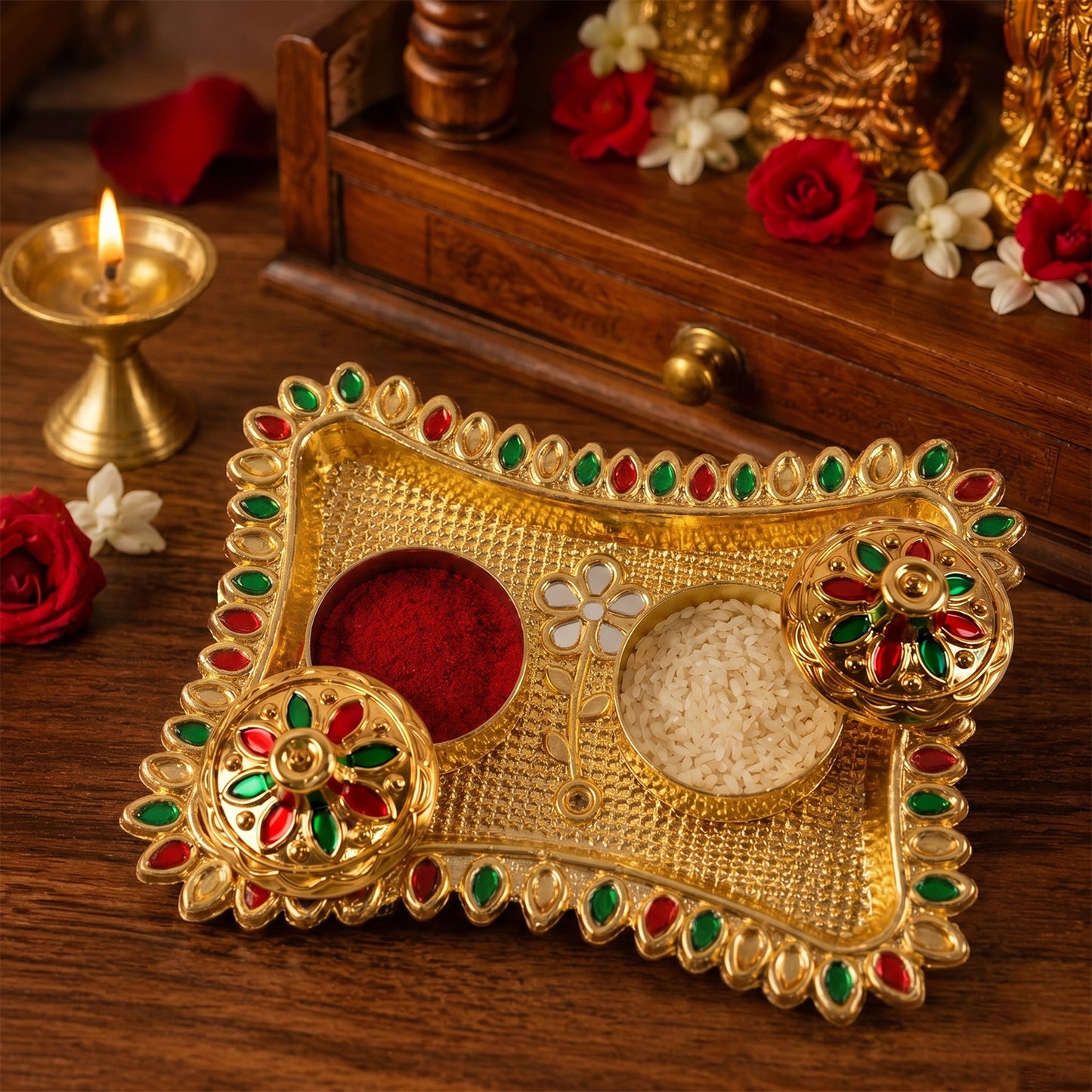 Golden meenakari floral design kumkum holder with lids for pooja
