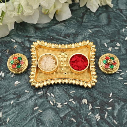 Elegant gold finish kumkum holder for religious rituals with compartments