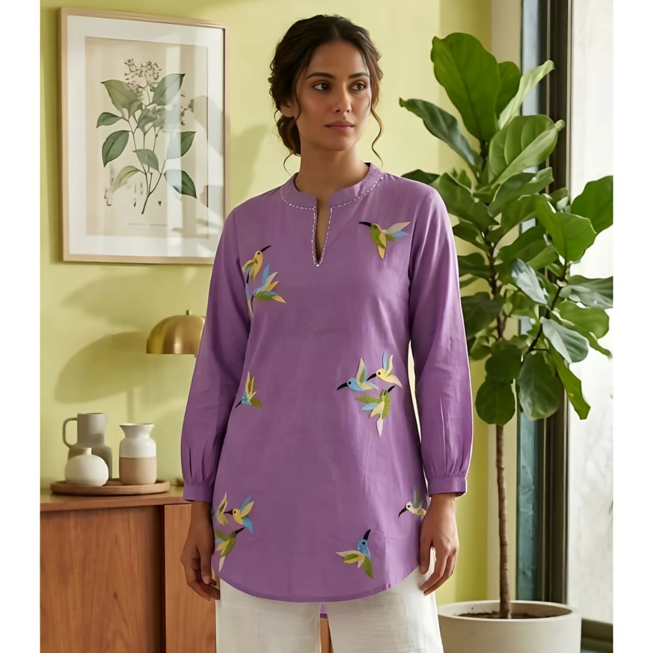 Elegant purple cotton floral top with minimal bird embroidery and chic neckline