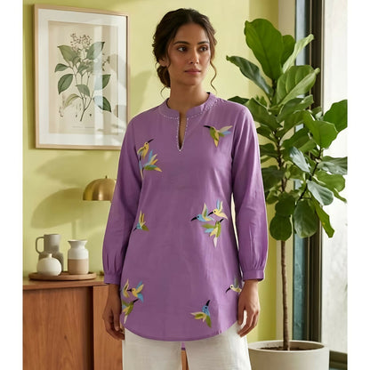 Elegant purple cotton floral top with minimal bird embroidery and chic neckline