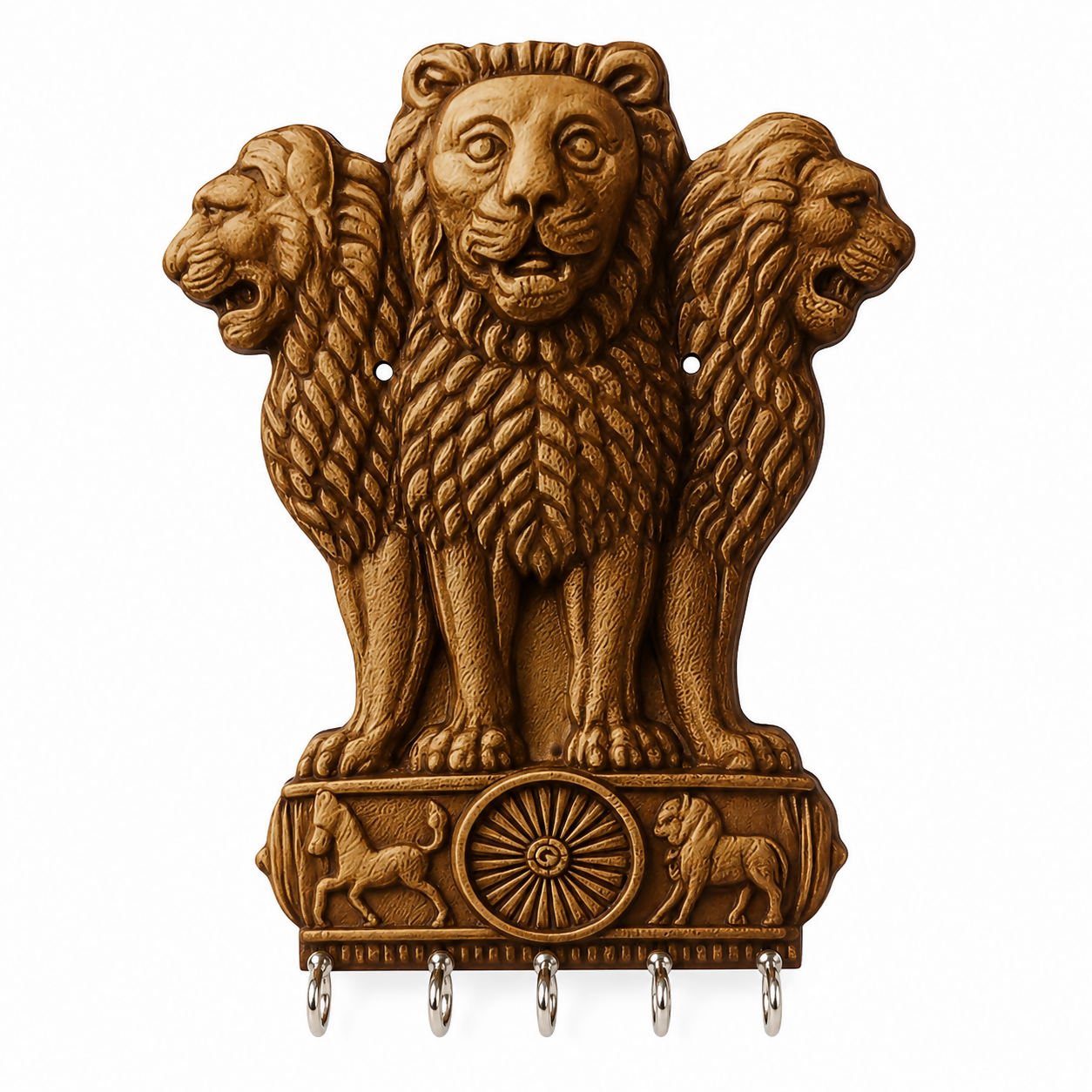 Close-up of Ashoka Lion carving detail on key holder