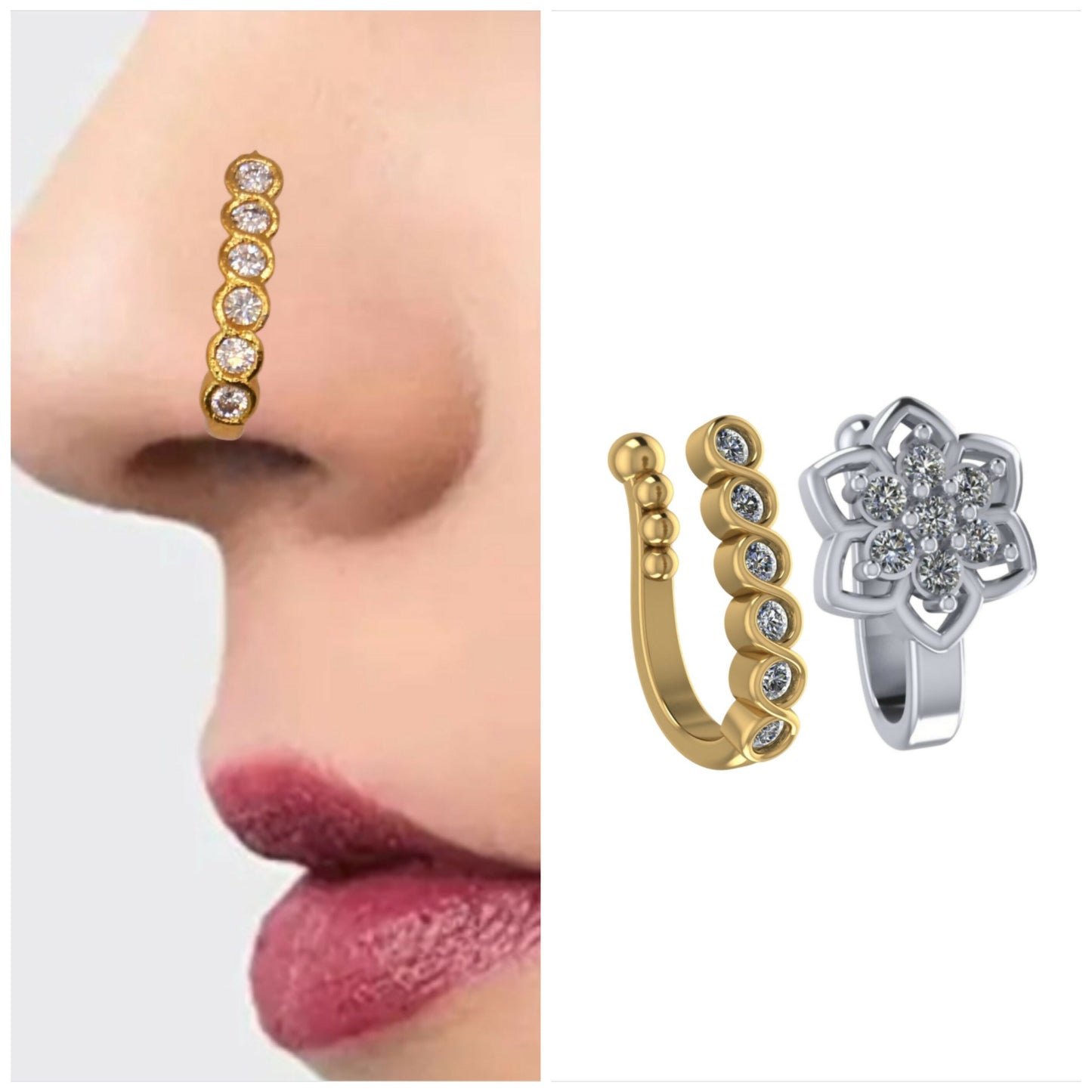 Non-Piercing Nose Pin Set: Gold Dotted & Silver Flower Clip-On