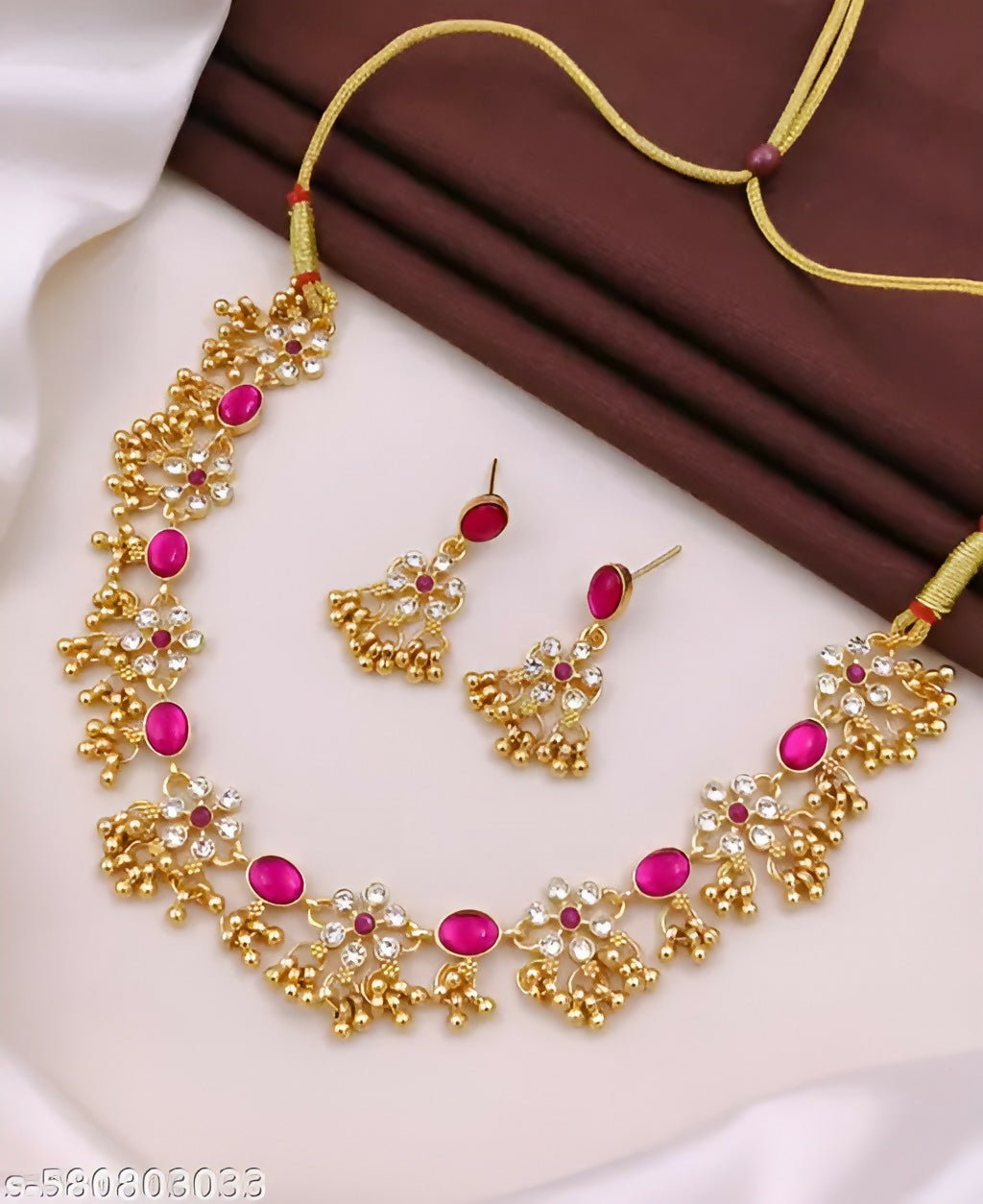 Traditional Gold-Plated Pink Stone & Pearl Bridal Jewelry Set with Necklace, Earrings