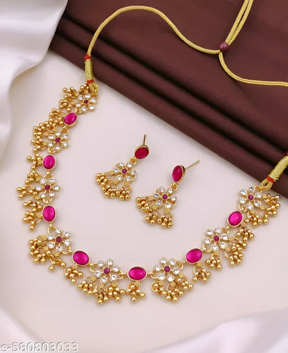 Traditional Gold-Plated Pink Stone & Pearl Bridal Jewelry Set with Necklace, Earrings