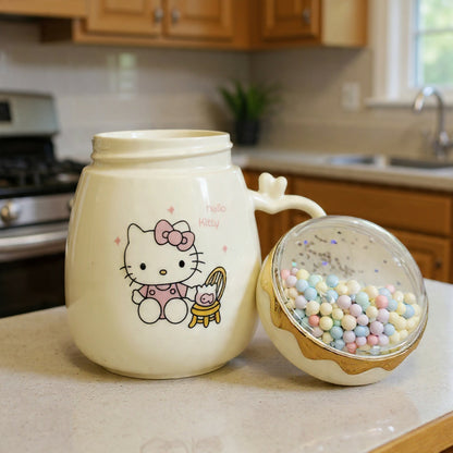 Cute printed ceramic mug with dome lid and decorative beads