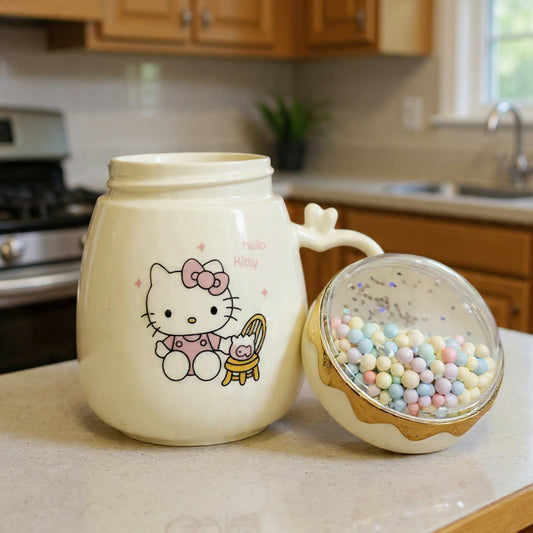 Cute Printed Ceramic Mug with Dome Lid, Coffee Tea Cup ( Color may vary )