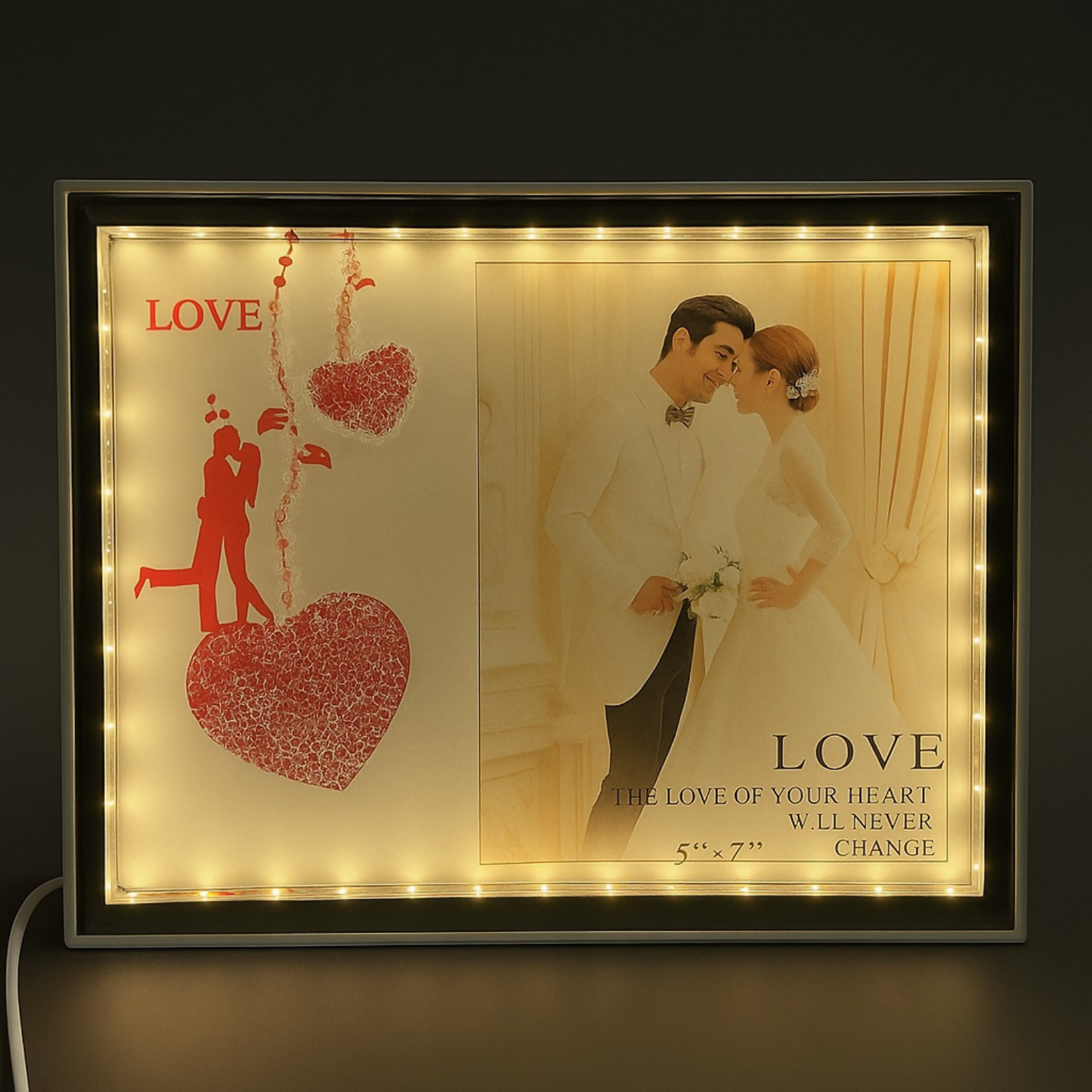 Romantic LED Couple Photo Frame with Red Love Artwork | Warm Light Illuminated Wedding & Anniversary Picture Frame | USB Powered Tabletop Decorative Love Lamp for Bedroom, Home Decor & Valentine Gifting