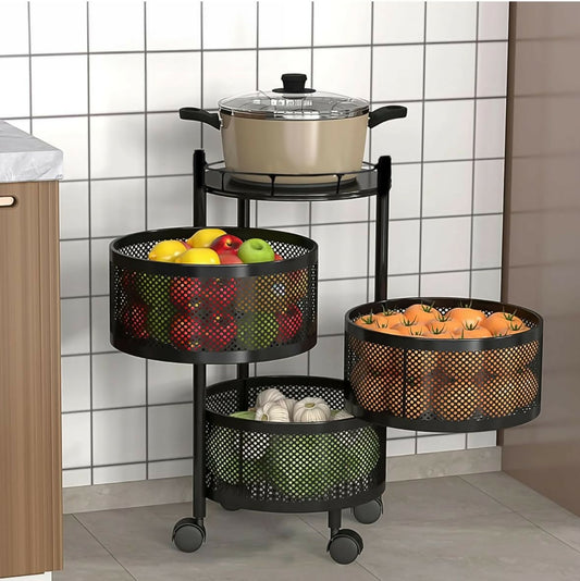 Compact Round 3-Layer Kitchen Trolley with Ventilated Mesh Baskets & 360° Swivel Wheels