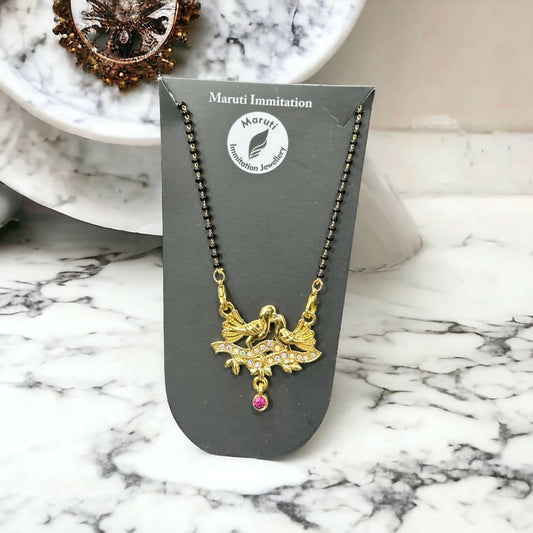 Gold-Toned Bird Design Mangalsutra with Stone-Studded Pendant and Pink Drop