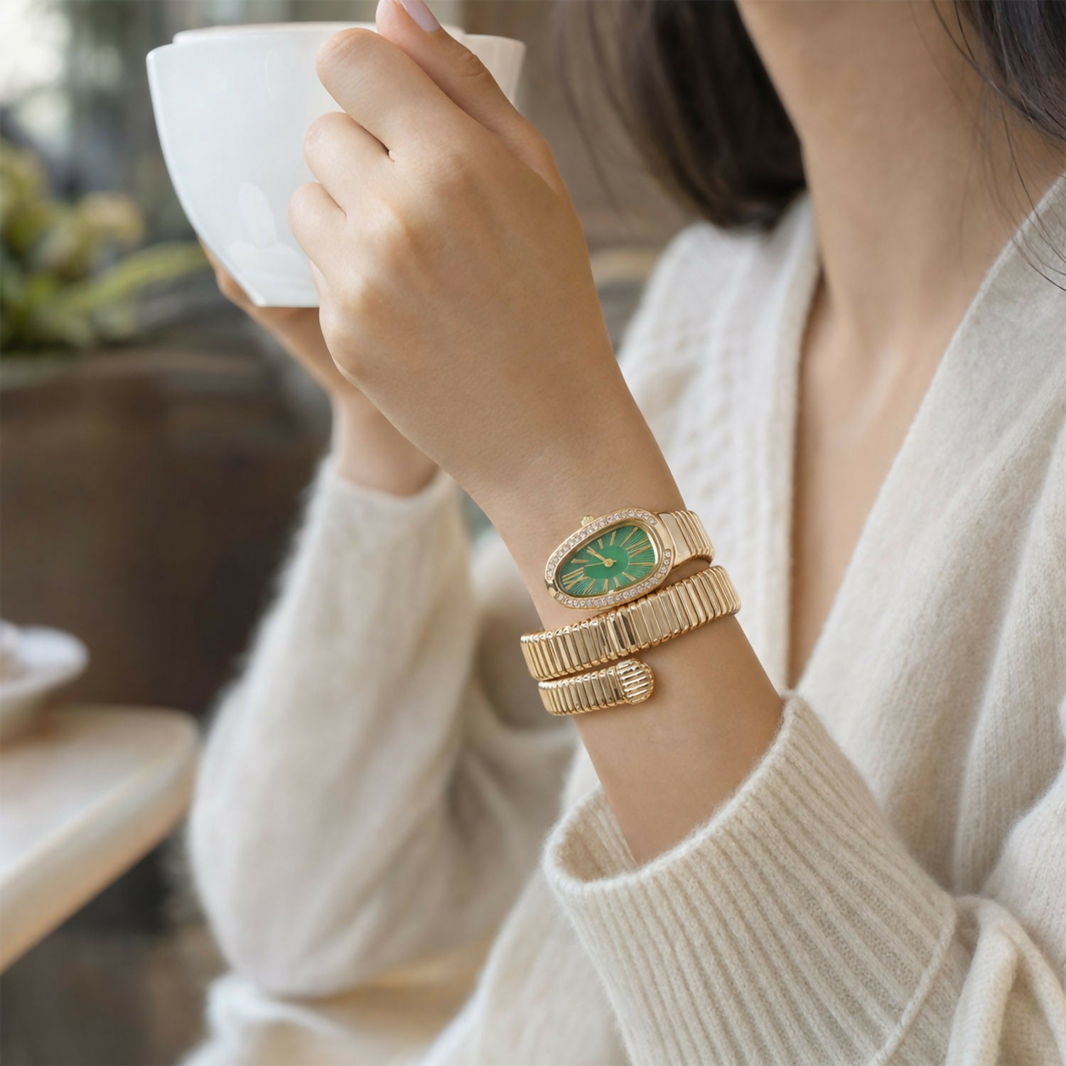 Golden Snake Style Bracelet Watch with Oval Green Dial and Crystal Border Design