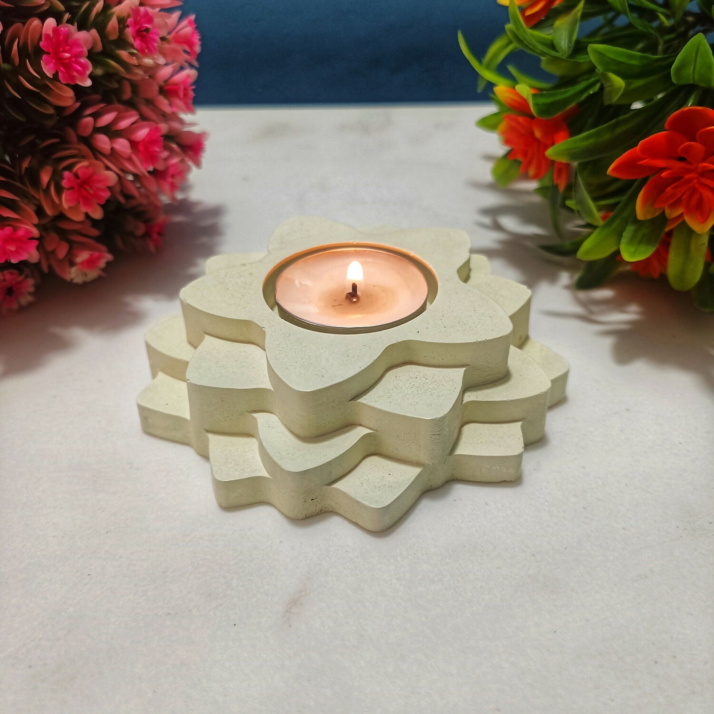 Handmade Flower 4-Step Diya – Ivory | Layered Tealight Holder for Diwali, Pooja & Home Décor | Unique Festival Gift Item