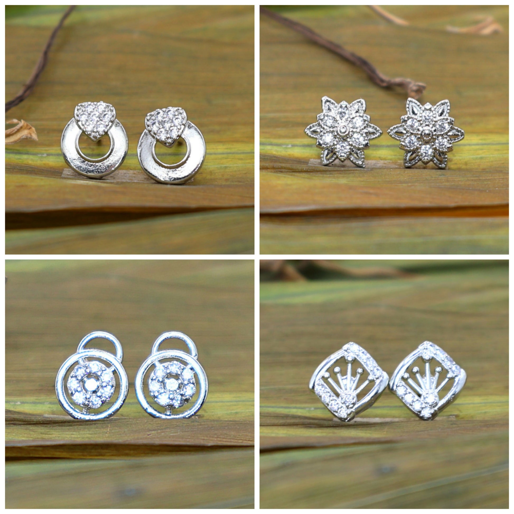 Silver tone stud earrings set displayed showcasing sparkling cubic zirconia stones
