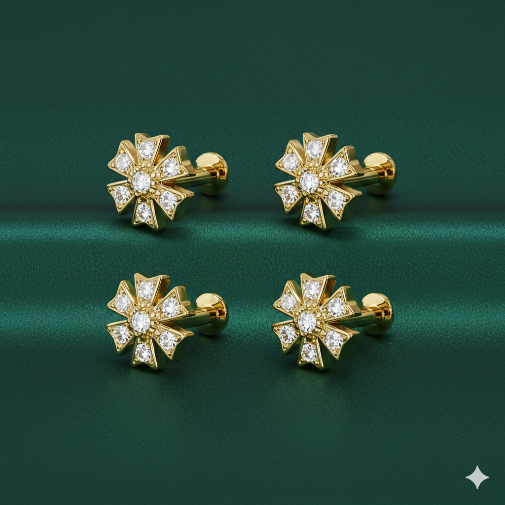 Flat back gold plated floral nose stud suitable for tragus and helix piercings