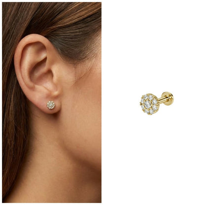 Gold pleated AD flower flat back stud earring with premium stones