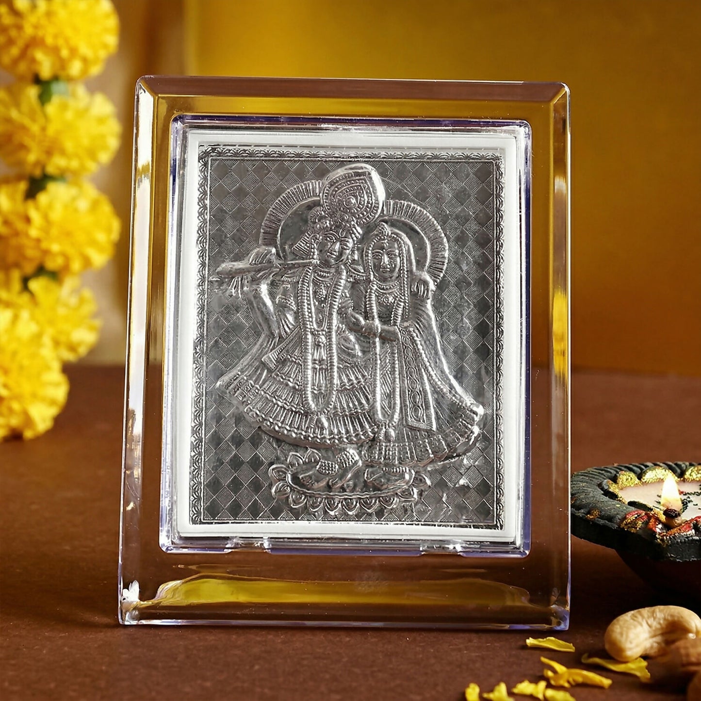 Silver Radha Krishna Decorative Plaque in Premium Acrylic Frame for Pooja and Home Decor