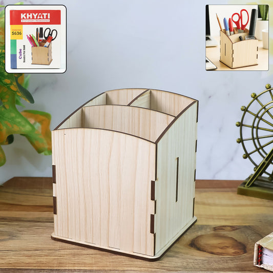 Khyati Wooden Pen Stand – Cube Shape Desk Organizer with Multi-Section Storage