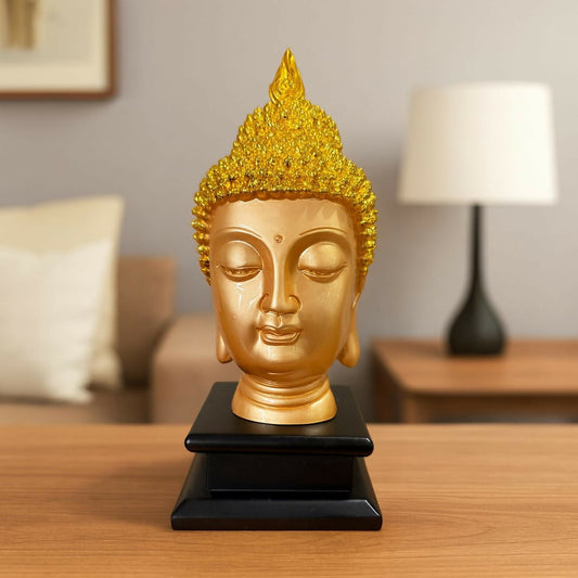 Golden Buddha Head Idol on Black Base | Meditating Buddha Decorative Showpiece for Home, Office, Living Room, Temple & Gift | Spiritual Feng Shui Buddha Statue for Peace & Positivity