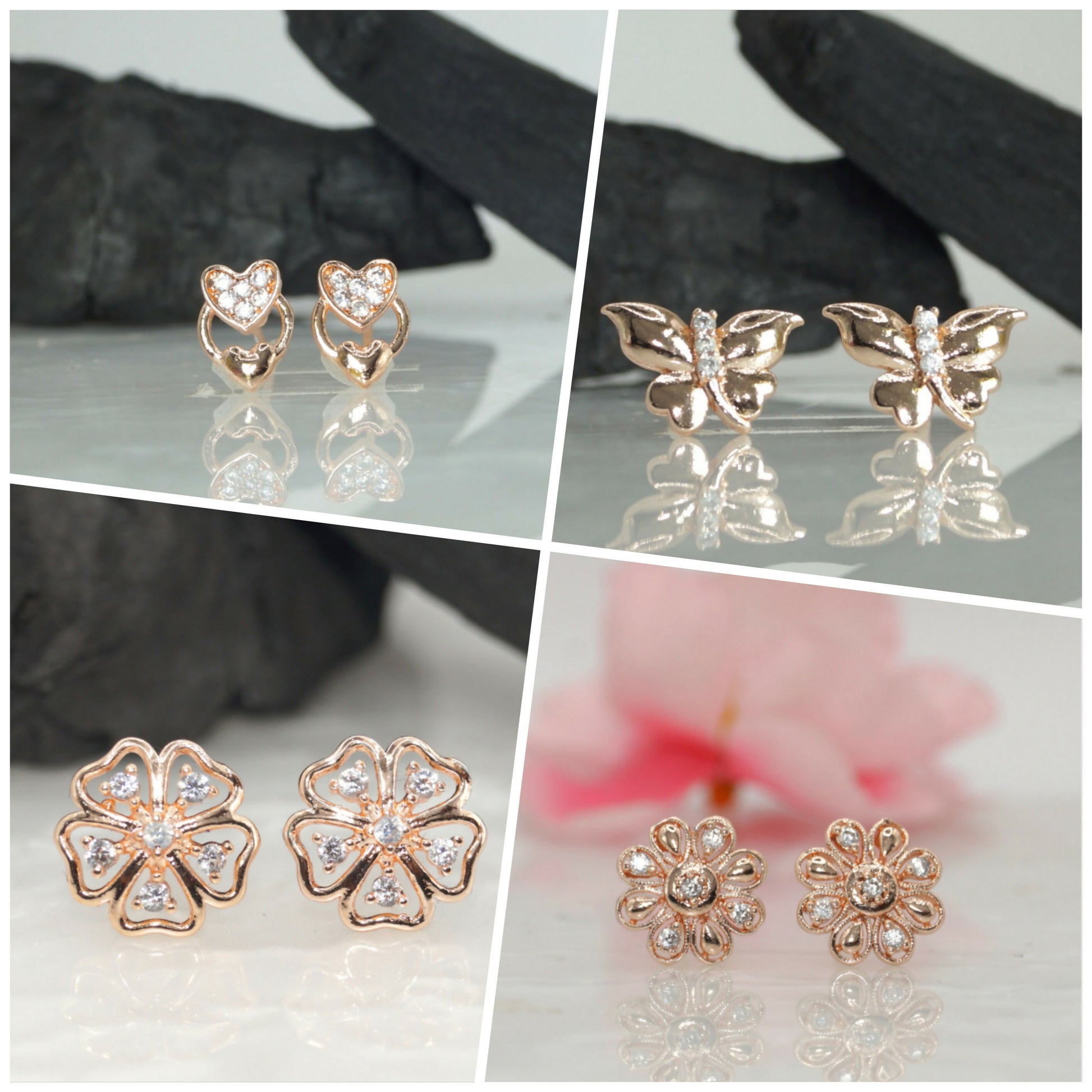 Rose Gold Stud Earrings Combo: Heart, Butterfly, Flower for women and girls Combo Pack of 4