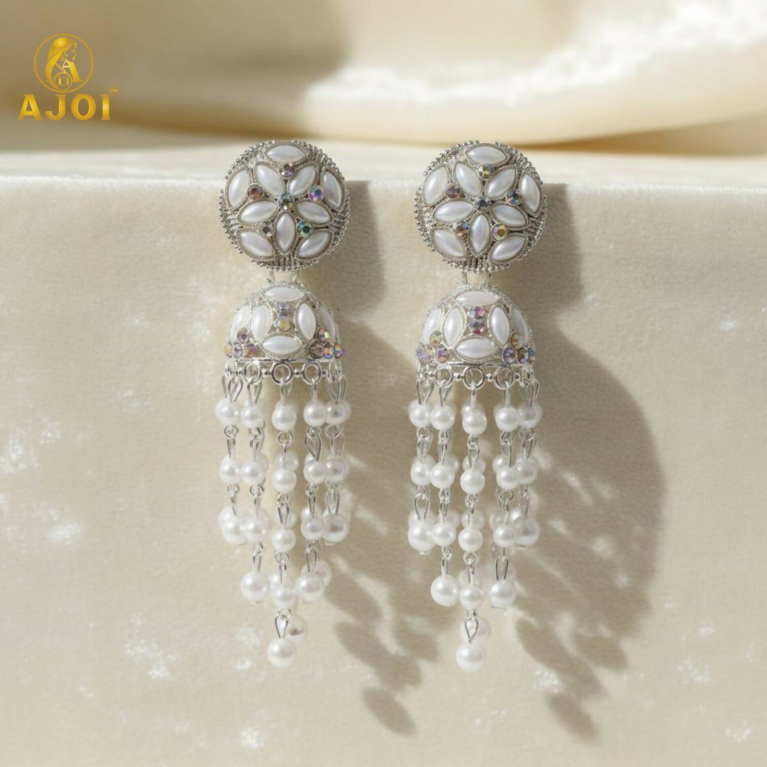 Luxury Handcrafted Pearl Chandelier Jhumka Earrings with Floral Studs & Cascading Pearl Drops