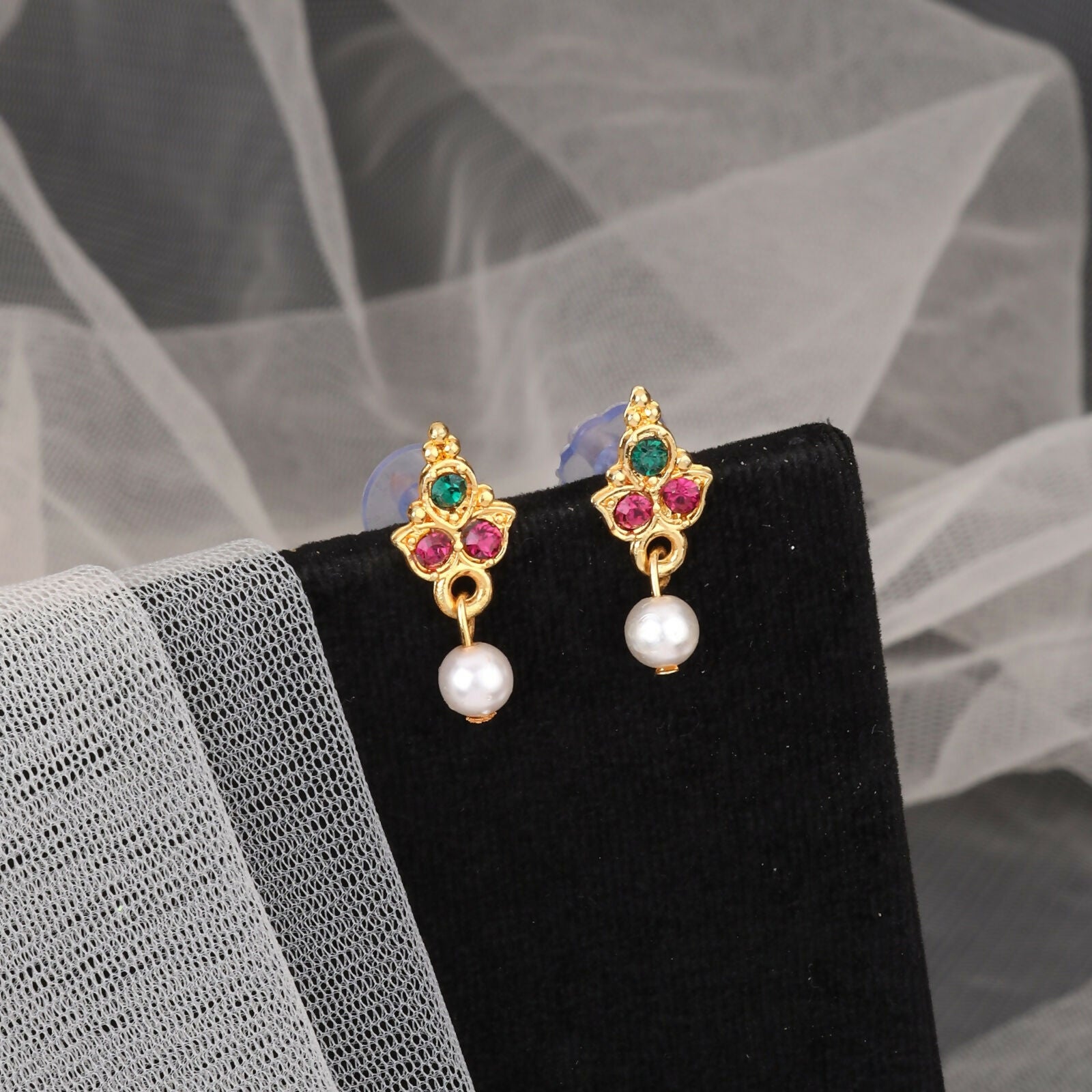 Gold-Tone Green-Pink & Crystal Flower Choker with Pearl Drops