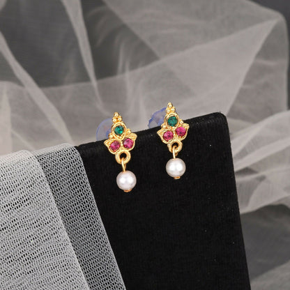 Gold-Tone Green-Pink & Crystal Flower Choker with Pearl Drops