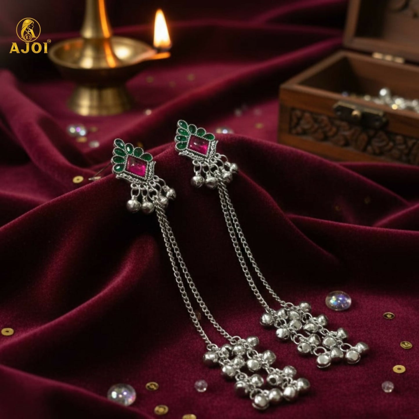Kashmiri Style Silver Plated Long Chain Drop Earrings with Pink & Green Stones