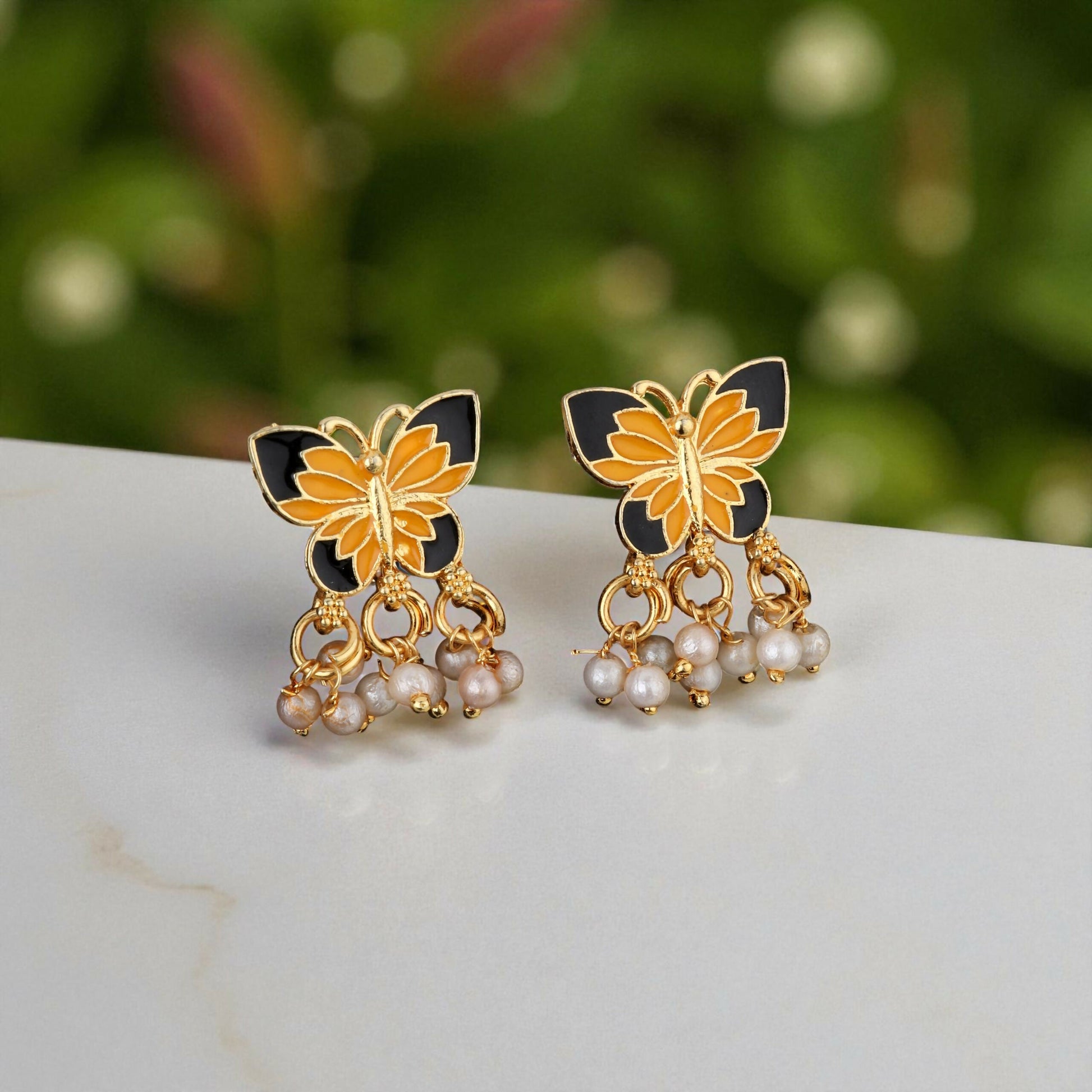 Gold-Plated Black & Yellow Enamel Butterfly Necklace Set with Pearl Drops