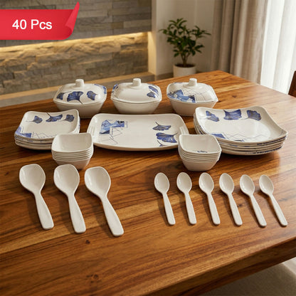 Kalmia Prime 40-piece melamine dinner set with blue floral design