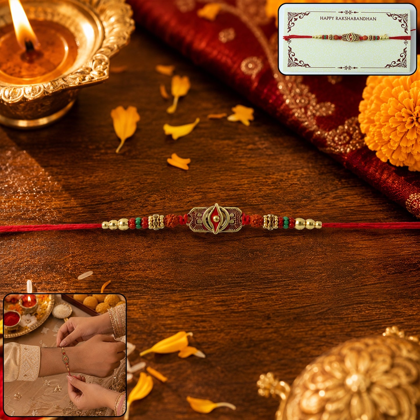 Close-up of oxidized Rudraksha centerpiece on designer Rakhi