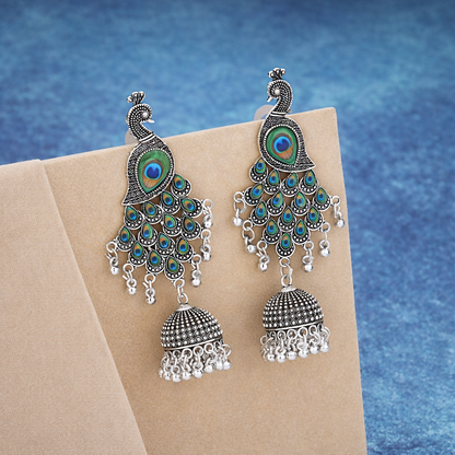 Traditional Silver Oxidized Peacock Jhumka Earrings