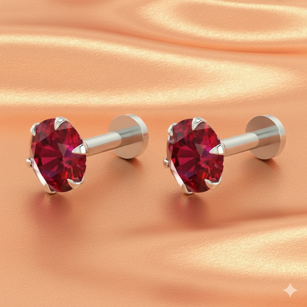 Close-up of Ruby Red Crystal Labret Stud highlighting flat-back design