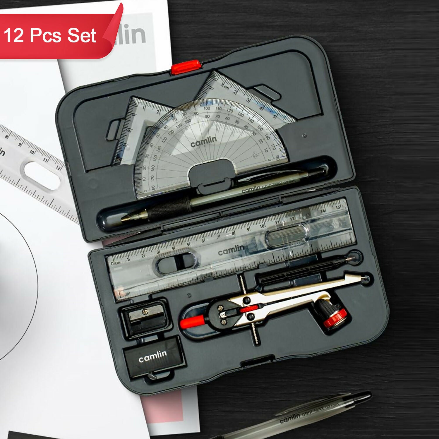 Camlin Scholar Pro Geometry Box – 12-Piece Maths Drawing Instruments S