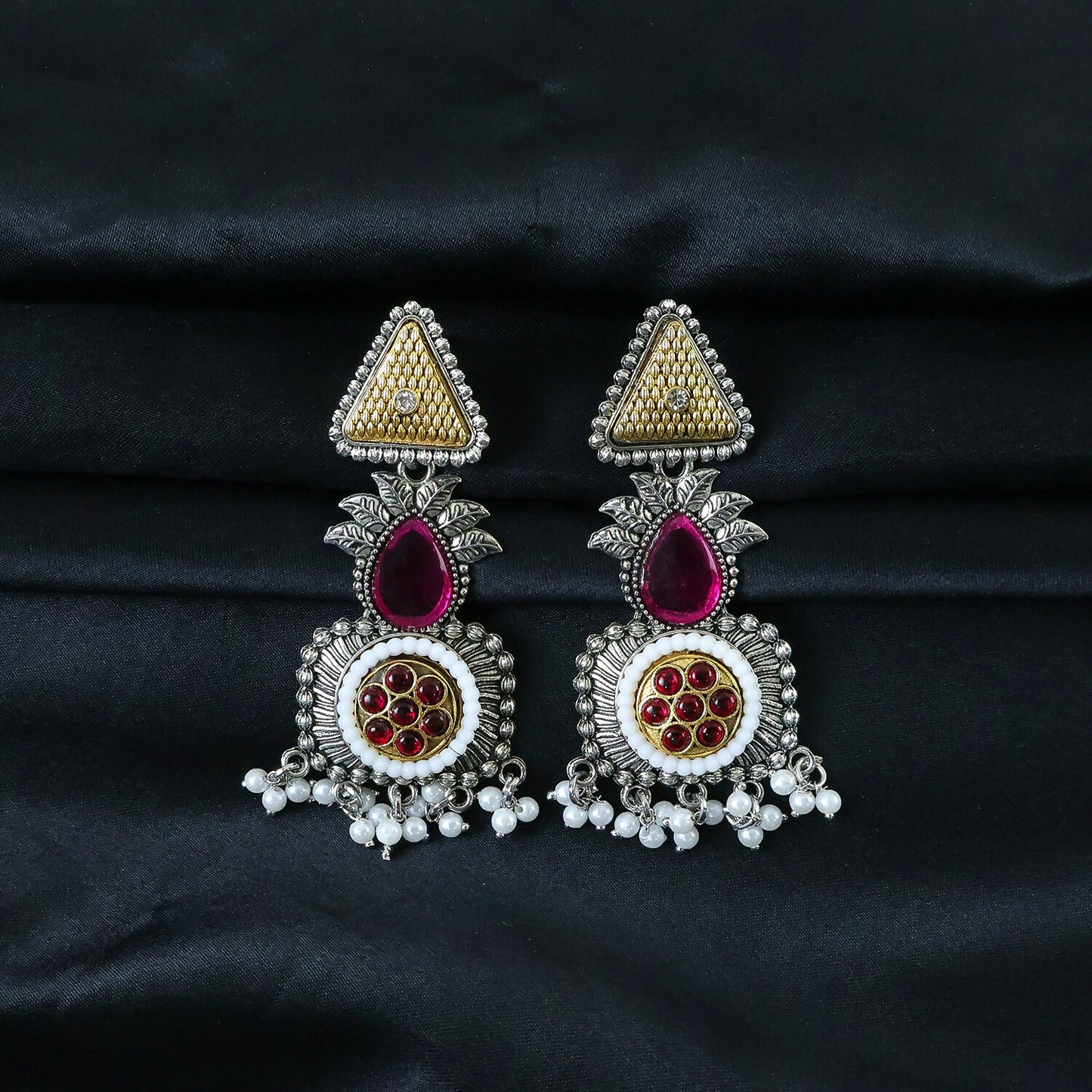 Traditional Oxidized Silver Earrings with Gold Tone Studs & Pearl Drop Fringe