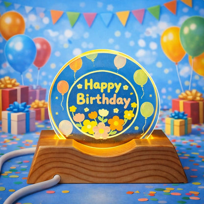 Happy Birthday Acrylic LED Lamp with Wooden Base Balloon Floral Design