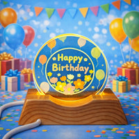 Happy Birthday Acrylic LED Lamp with Wooden Base Balloon Floral Design