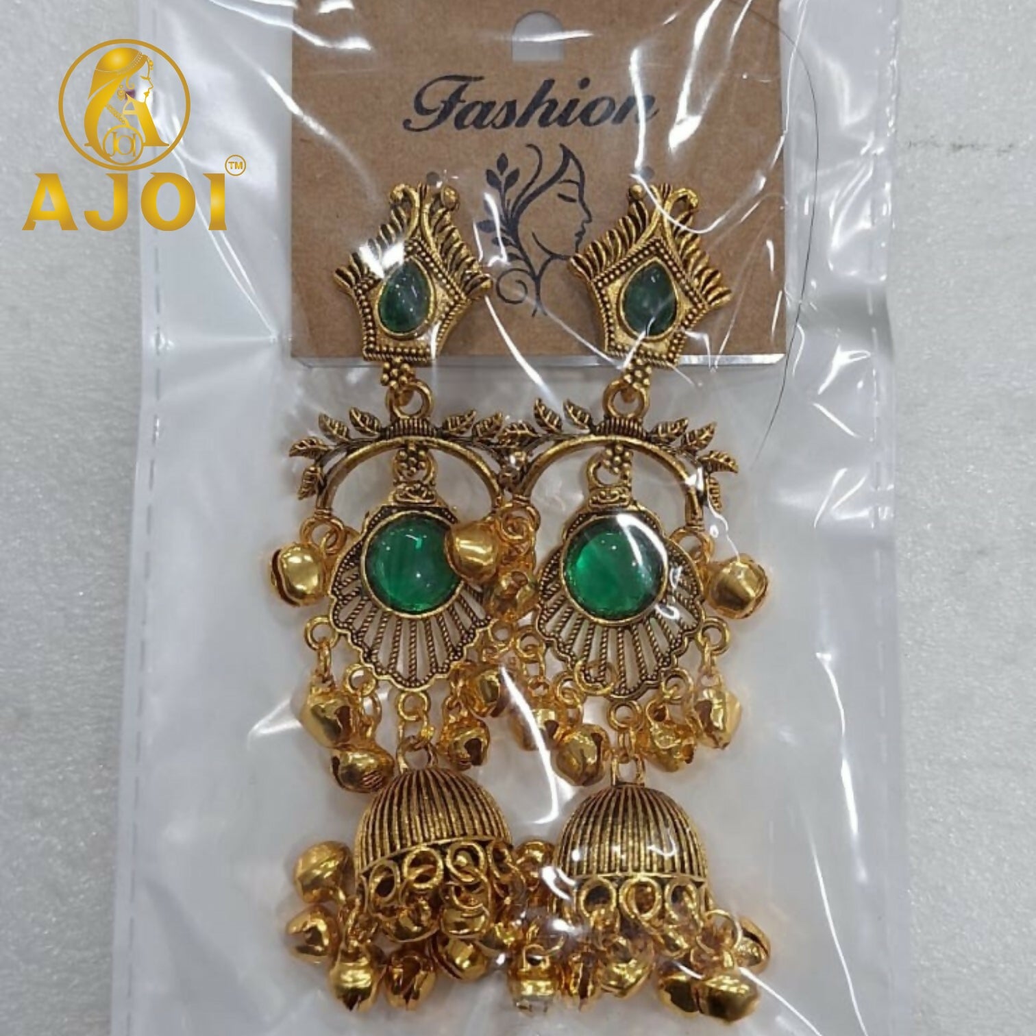 Antique Gold Plated Green Stone Traditional Jhumka Earrings for Women