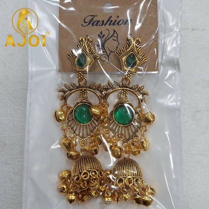 Antique Gold Plated Green Stone Traditional Jhumka Earrings for Women