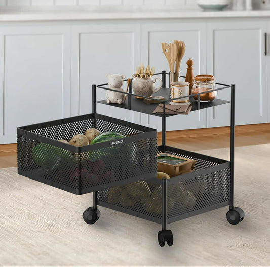 Durable Square 2-Layer Stainless Steel Kitchen Trolley with Ventilated Baskets & Wheels