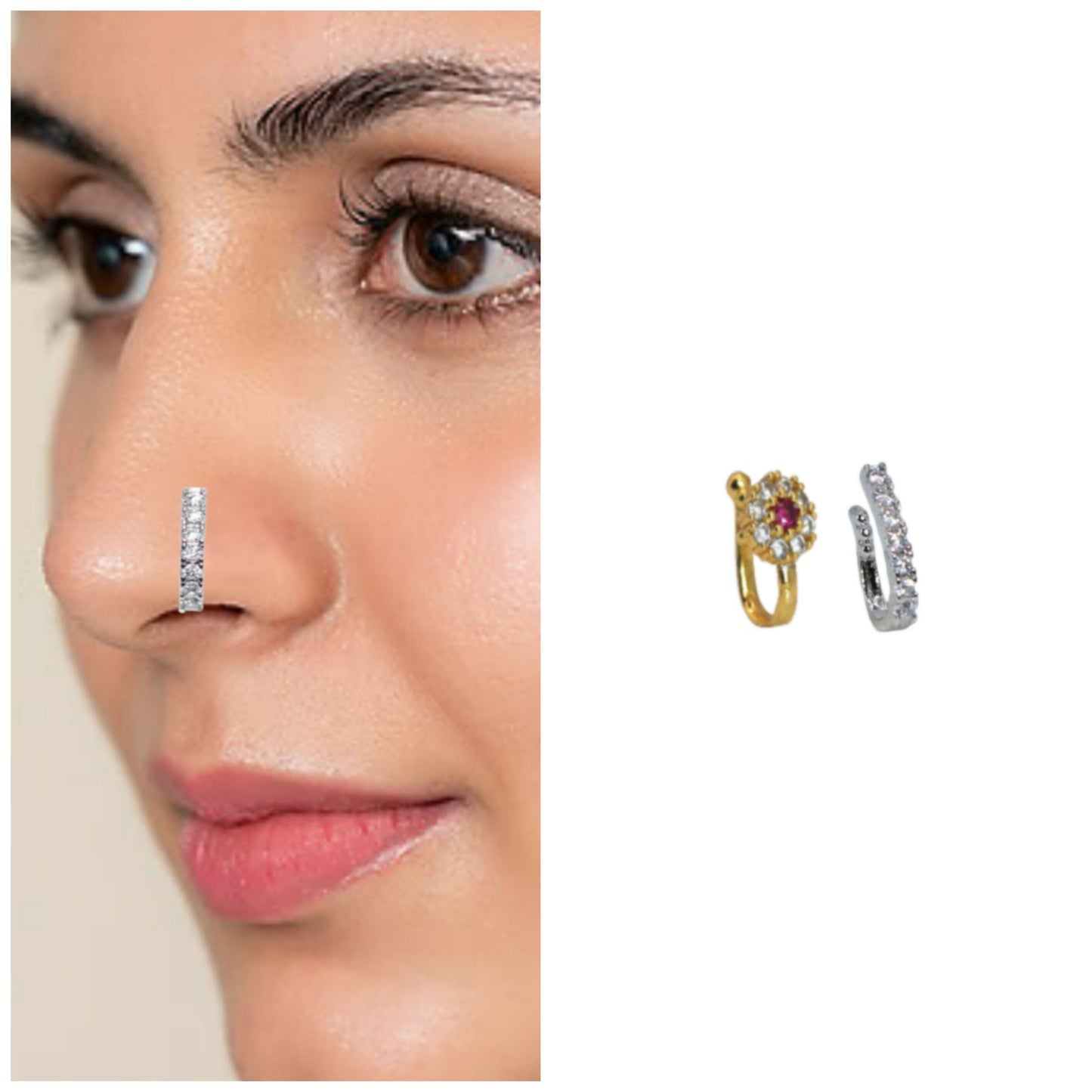 Clip On Nose Pin Nath Studs Set (2) Gold & Silver Tone Combo Pack of 2