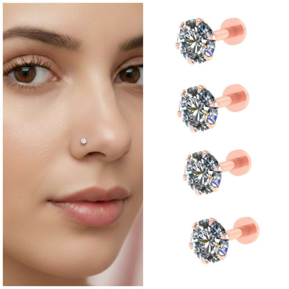 Rose Gold Round Cut Labret AD nosepin Stud for women and girls combo pack of 4