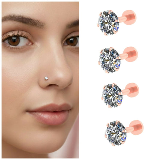 Rose Gold Round Cut Labret AD nosepin Stud for women and girls combo pack of 4