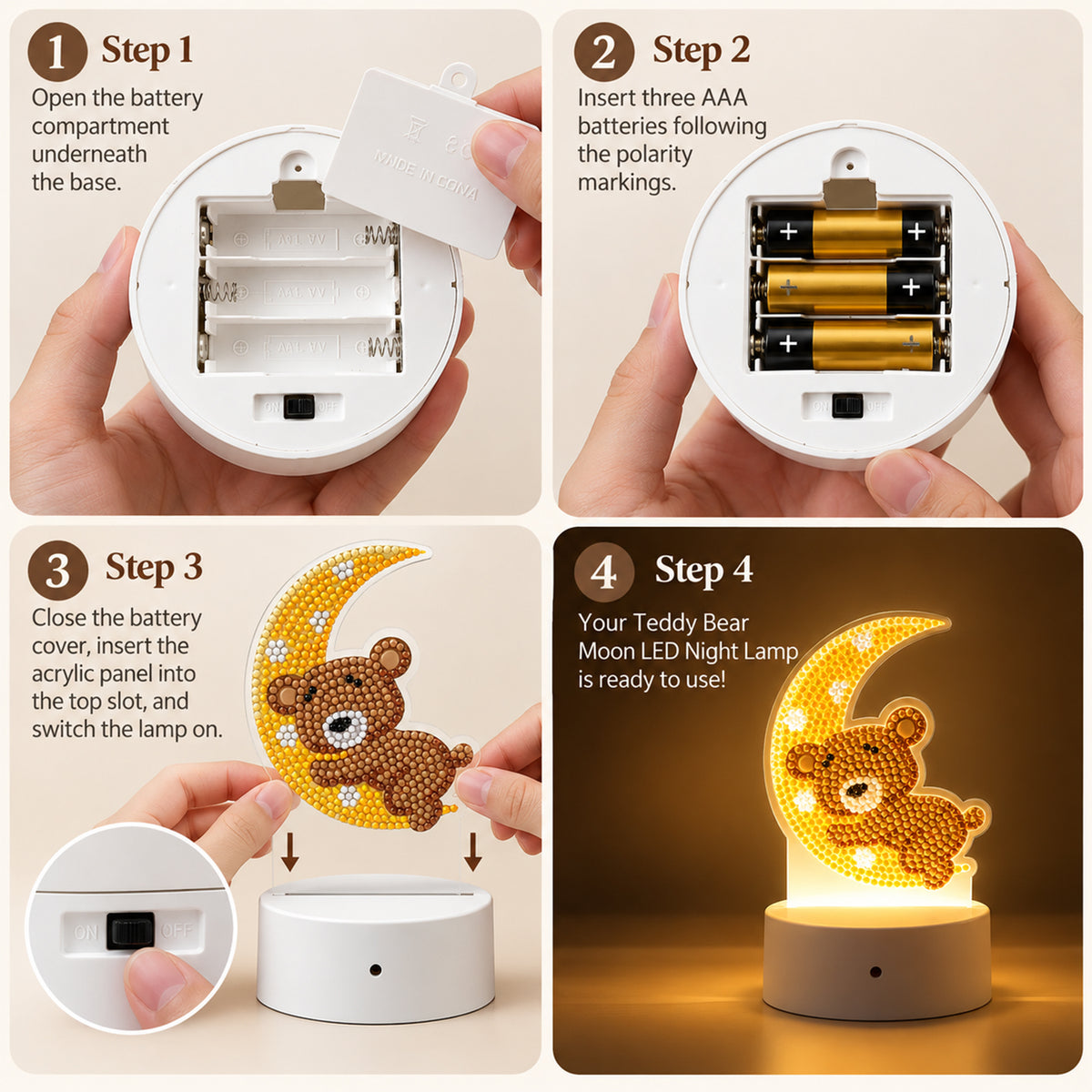 A four-step guide demonstrating how to insert three AAA batteries into the white base and attach the acrylic panel to turn