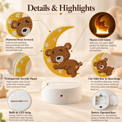 An infographic highlighting the features of the night light, including diamond bead artwork, warm LED glow, and a