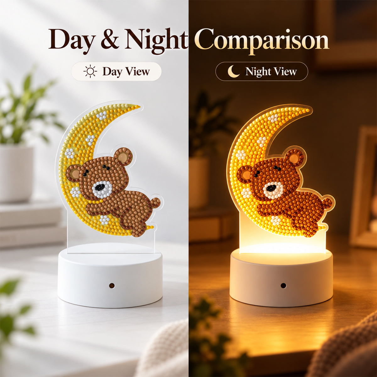 A split image comparing the night light in daylight, unlit, and at night, glowing warmly on a wooden surface.